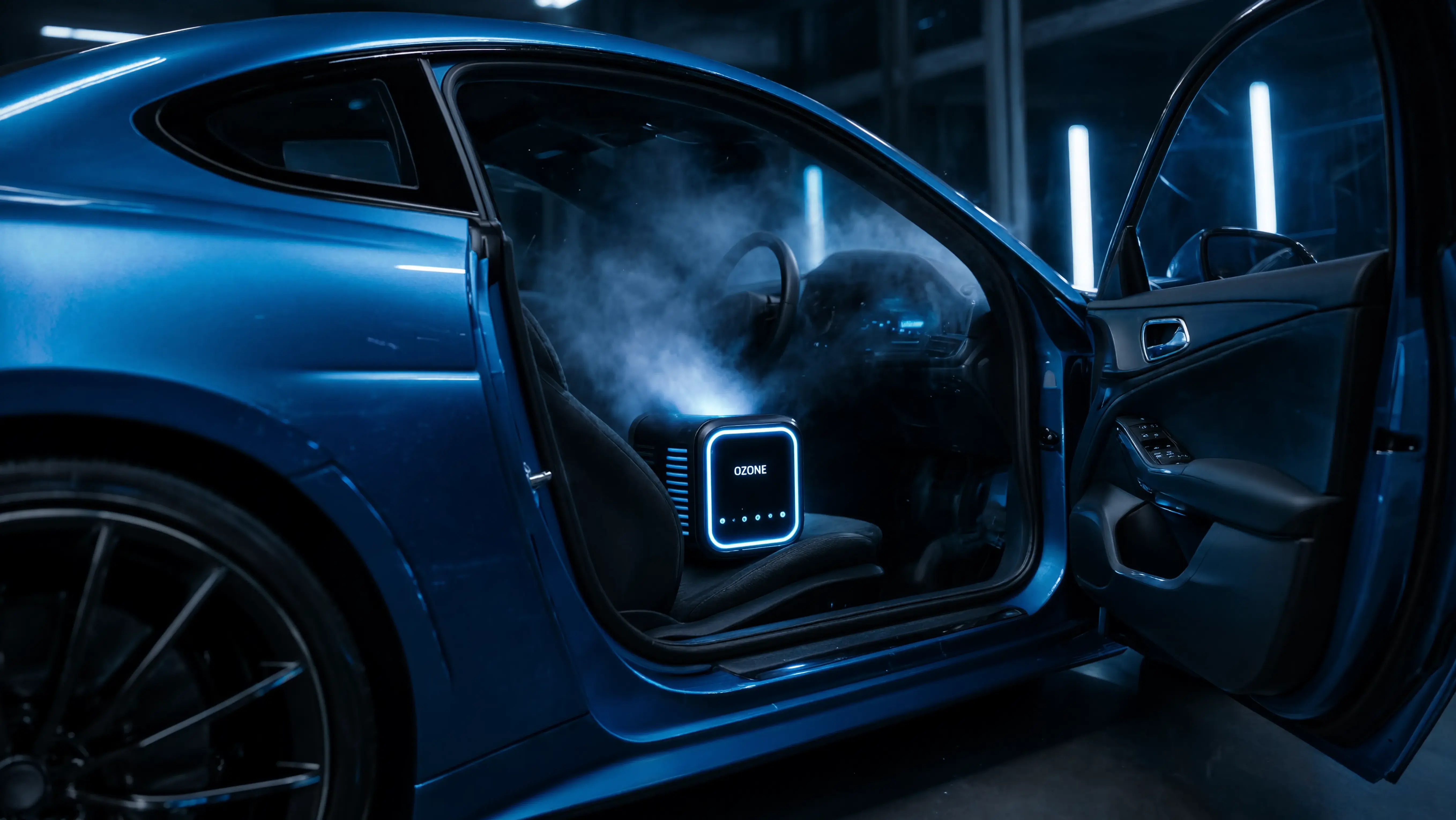Ozone machine running inside a car with the door open.