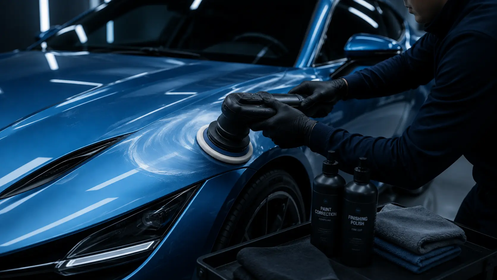 Technician polishing a car before a ceramic coating.